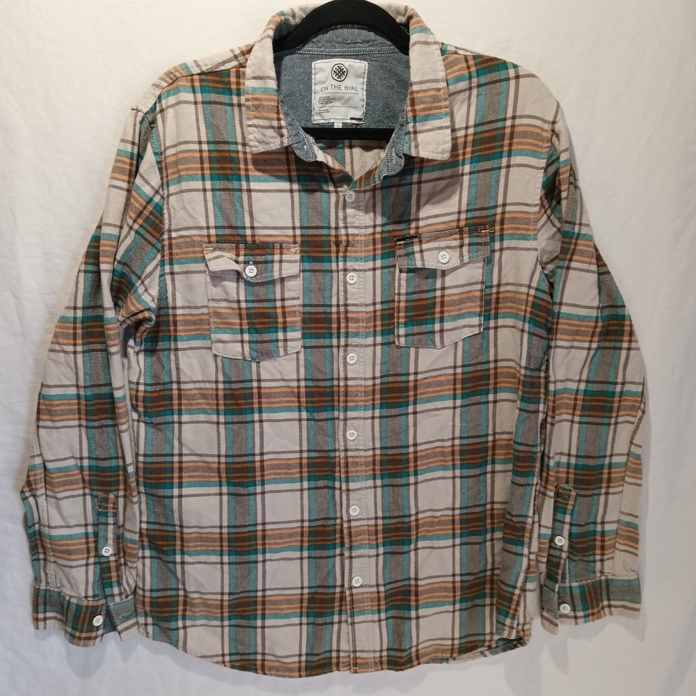 On The Byas Long‎ Sleeve Button-up Plaid Shirt. Large. Orange And Green.